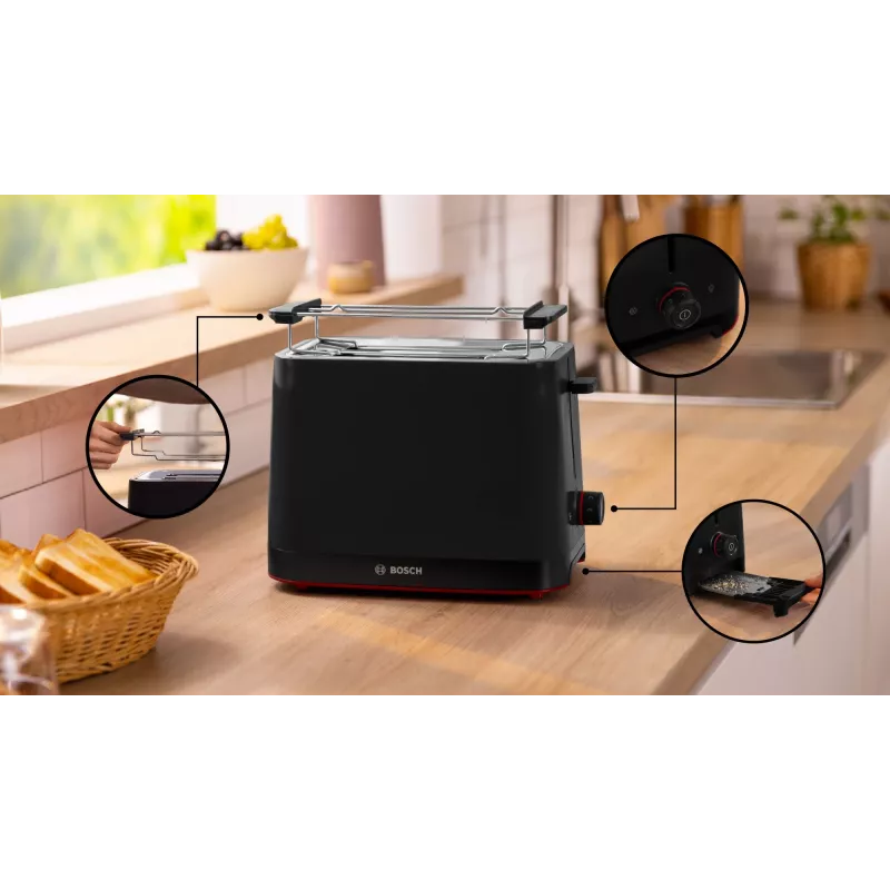 Skrudintuvas Bosch TAT3M123 2 griežinėliams, 950 W, juodas, sukamasis valdymas, atšildymas ir pakaitinimas