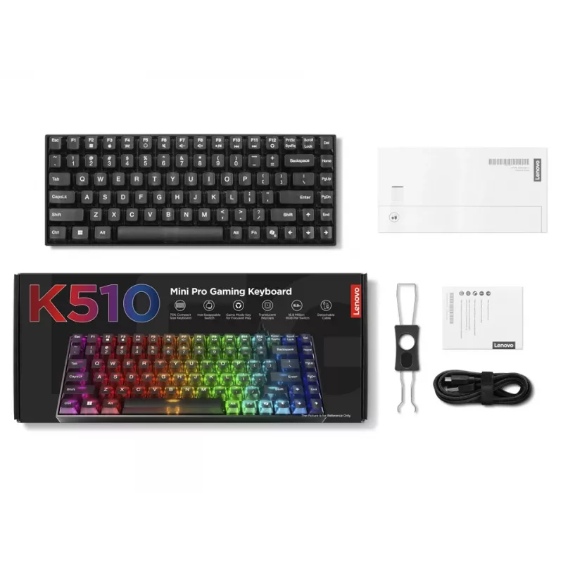Mechaninė žaidimų klaviatūra Lenovo Legion K510 Mini Pro 75% US anglų k., 84 klavišai, RGB, USB, 1,8 m laidas, juoda/skaidri