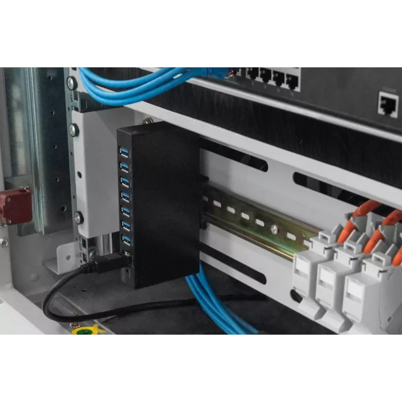 DIGITUS USB 3.0 HUB - 7 prievadai - Pramoninis metalinis maitinimo šaltinis 15-kV ESD montavimui ant sienos, stalo, DIN bėgio