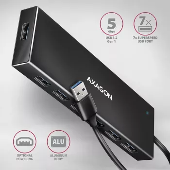 Axagon HUE-F7A 7x USB 3.2 Gen 1 ALU FLAT hub micro power IN 1m USB-A USB 3.2 Gen 1 (3.1 Gen 1) Type-A 5000 Mbit/s Juoda