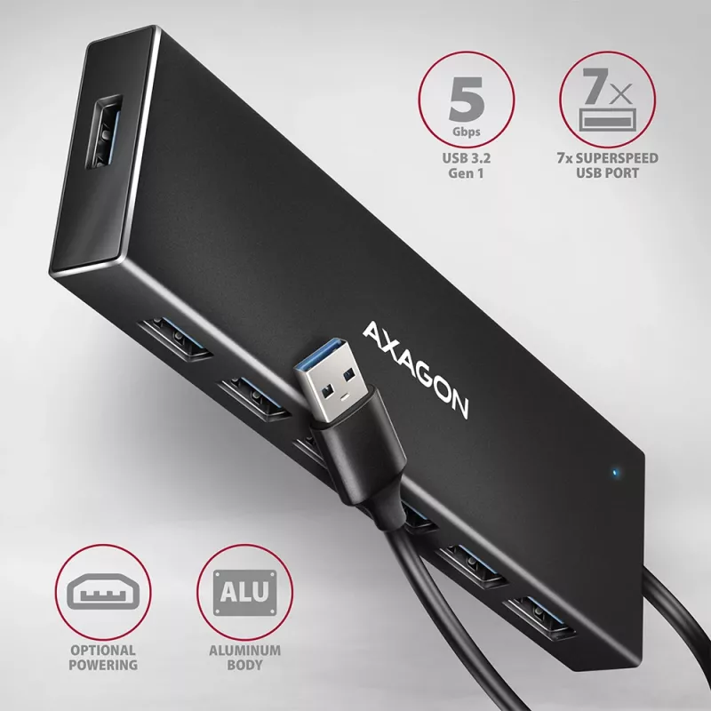 Axagon HUE-F7A 7x USB 3.2 Gen 1 ALU FLAT hub micro power IN 1m USB-A USB 3.2 Gen 1 (3.1 Gen 1) Type-A 5000 Mbit/s Juoda