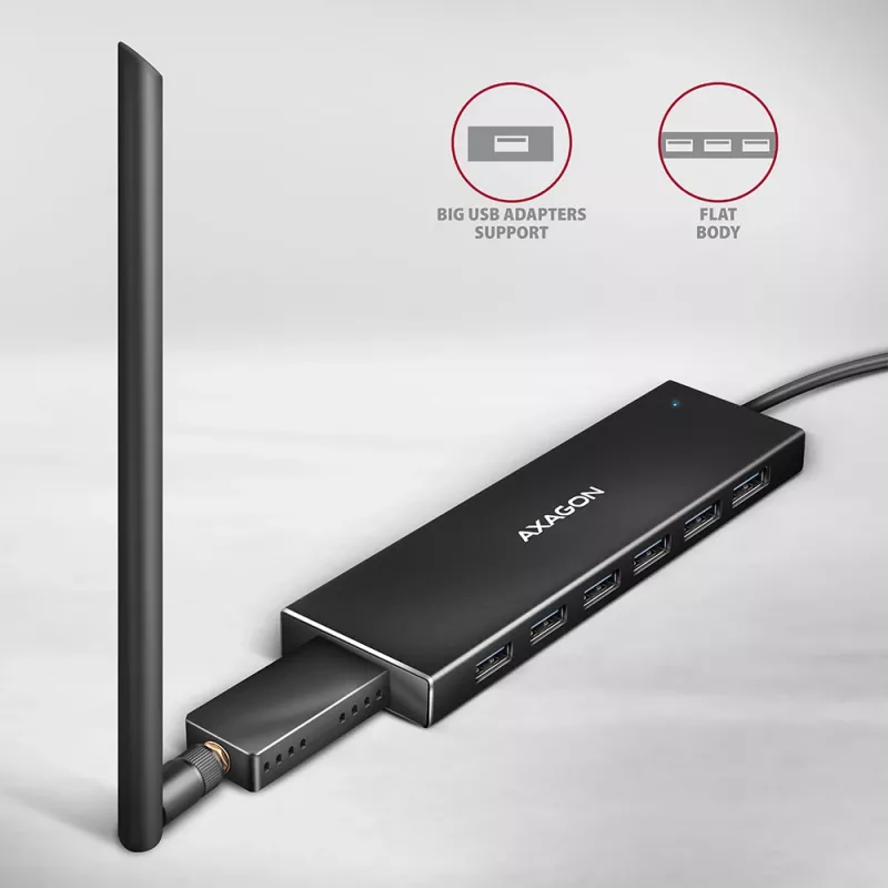 Axagon HUE-F7A 7x USB 3.2 Gen 1 ALU FLAT hub micro power IN 1m USB-A USB 3.2 Gen 1 (3.1 Gen 1) Type-A 5000 Mbit/s Juoda