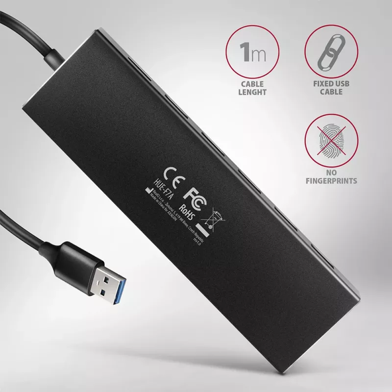 Axagon HUE-F7A 7x USB 3.2 Gen 1 ALU FLAT hub micro power IN 1m USB-A USB 3.2 Gen 1 (3.1 Gen 1) Type-A 5000 Mbit/s Juoda