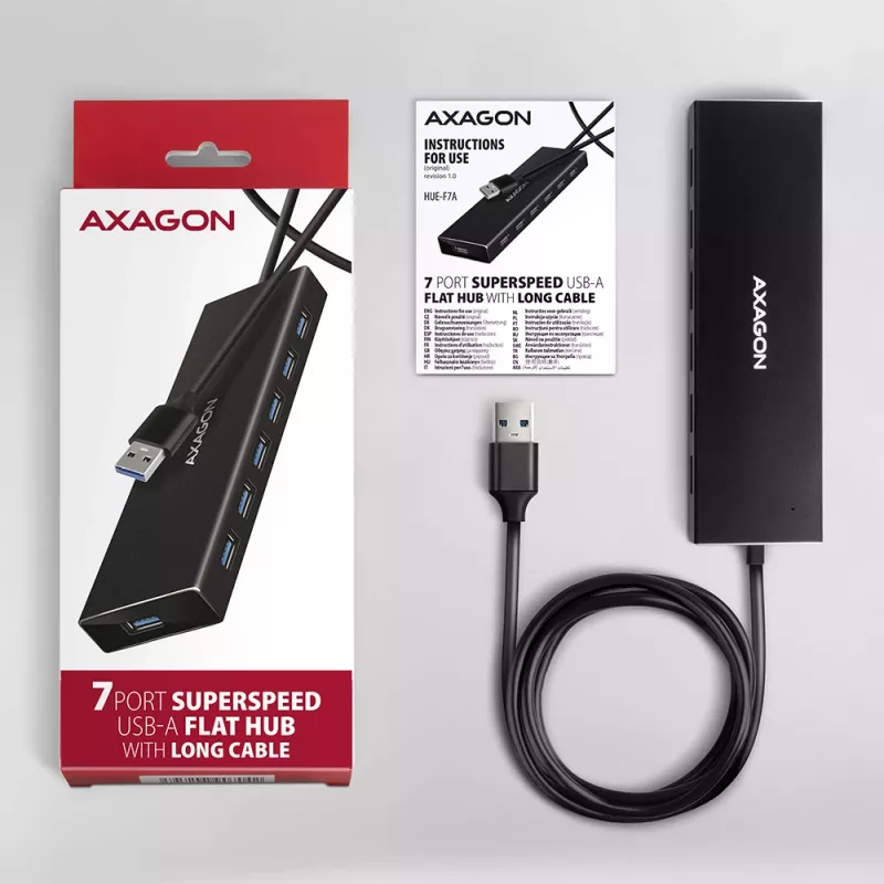 Axagon HUE-F7A 7x USB 3.2 Gen 1 ALU FLAT hub micro power IN 1m USB-A USB 3.2 Gen 1 (3.1 Gen 1) Type-A 5000 Mbit/s Juoda