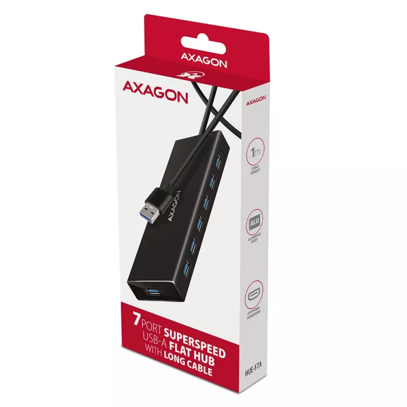 Axagon HUE-F7A 7x USB 3.2 Gen 1 ALU FLAT hub micro power IN 1m USB-A USB 3.2 Gen 1 (3.1 Gen 1) Type-A 5000 Mbit/s Juoda