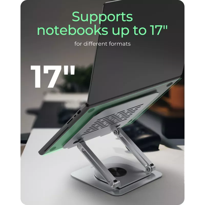 Nešiojamojo kompiuterio stovas RAIDSONIC IB-NH300-R, aliuminis, sidabrinis, tinka 17 colių (43,2 cm), 360° pasukimas, 280×230×550 mm