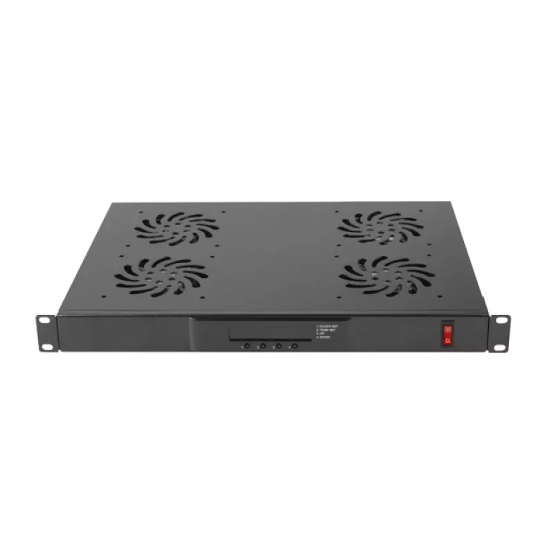 Viršutinė panelė LANBERG AK-1503-B — 1U, 4 ventiliatoriai, įmontuotas ventiliatorius, įjungimo / išjungimo jungiklis, 230 V, 76 W, 483×322×44,5 mm