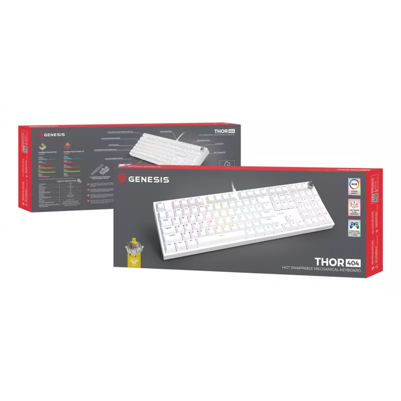 Mechaninė klaviatūra GENESIS THOR 404, pilno dydžio USB, QWERTY anglų k., RGB apšvietimas, balta