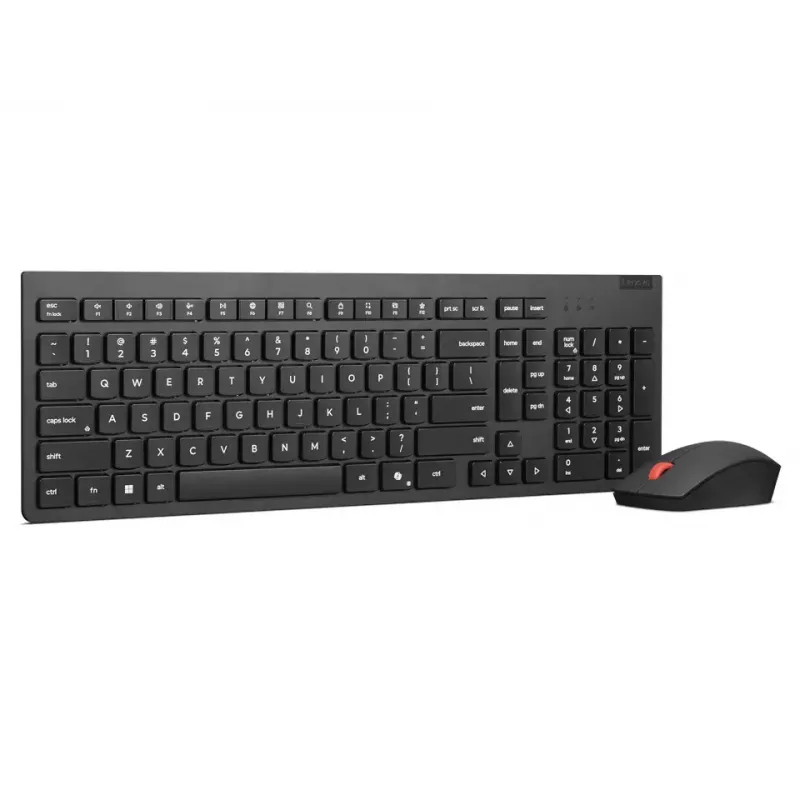 Belaidis klaviatūros ir pelės rinkinys Lenovo Essential 2.4 GHz — Pilno dydžio klaviatūra su rusišku/kirilicos išdėstymu, optinė ambidekstrinė pelė
