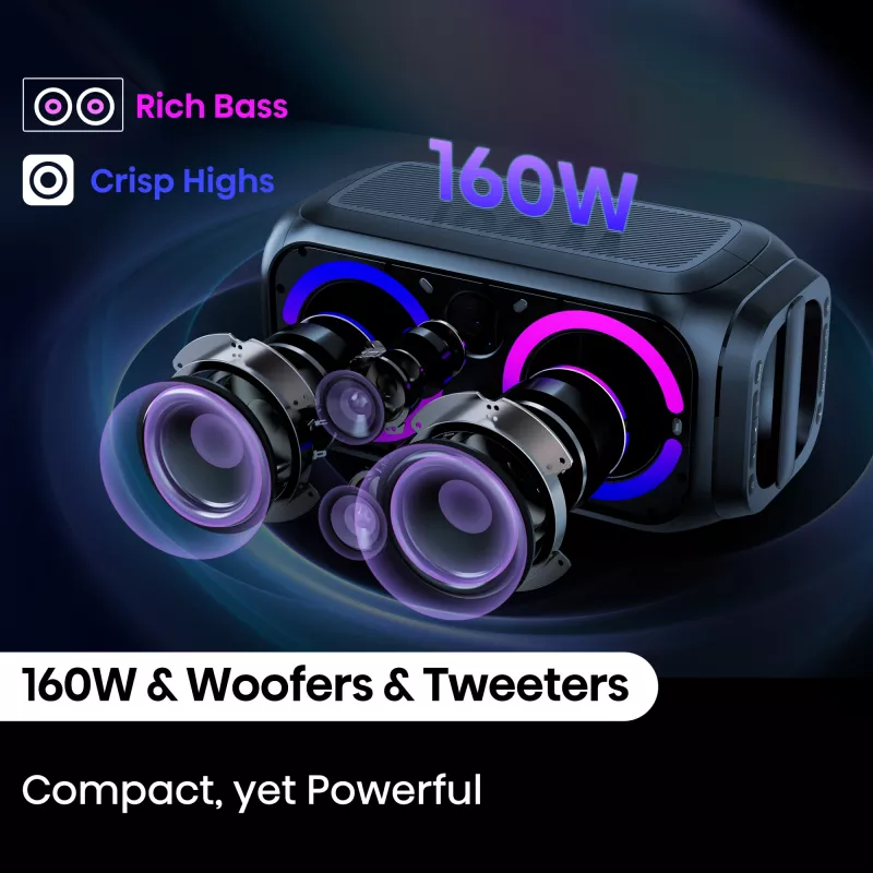 Nešiojama vakarėlių kolonėlė HISENSE Party Rocker 160 — 160 W RMS, 2.0 kanalai, IPX4, juoda, 6,3 kg