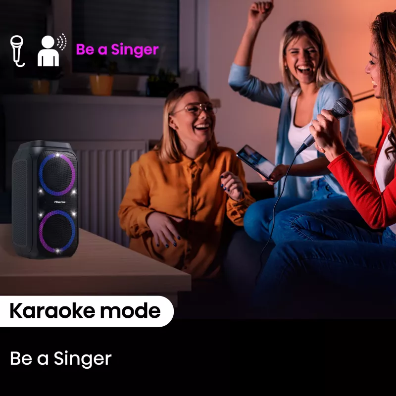 Nešiojama vakarėlių kolonėlė HISENSE Party Rocker 160 — 160 W RMS, 2.0 kanalai, IPX4, juoda, 6,3 kg