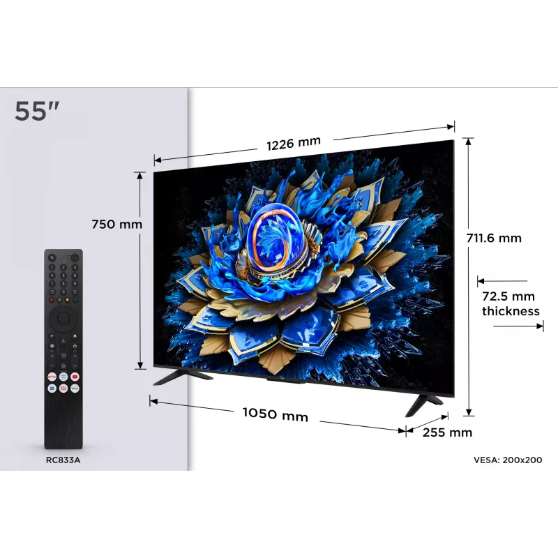 TCL 55T69C 55 colių QLED 4K Ultra HD televizorius, Direct-LED, Google TV, HDR10+, 60Hz, Dolby Atmos, Wi‑Fi/Bluetooth