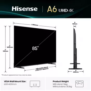 Hisense 85A6Q televizorius 2,16 m (85 colio) 4K Ultra HD išmanusis televizorius Wi-Fi juodas 400 cd/m²