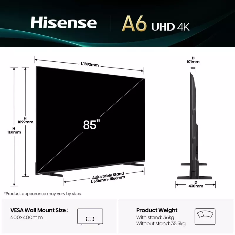 Hisense 85A6Q televizorius 2,16 m (85 colio) 4K Ultra HD išmanusis televizorius Wi-Fi juodas 400 cd/m²