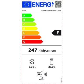 Šaldytuvas BEKO B1RCNA364XB — 316 L bendras, šaldytuvas 210 L, šaldiklis 106 L, No Frost, dešinės pusės vyriai