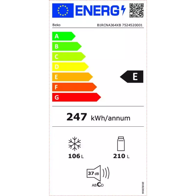 Šaldytuvas BEKO B1RCNA364XB — 316 L bendras, šaldytuvas 210 L, šaldiklis 106 L, No Frost, dešinės pusės vyriai