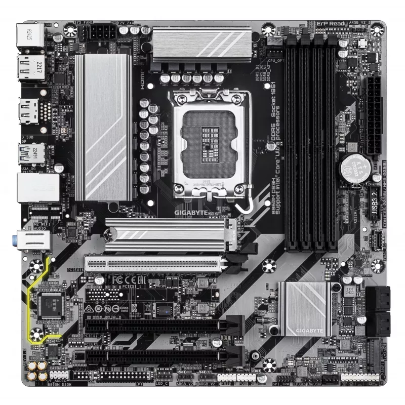 GIGABYTE B860M DS3H pagrindinė plokštė – Intel Core Ultra serijos procesoriams, 5+1+2+1 fazių VRM, iki 9066 MHz DDR5, 1xPCIe 5.0 + 1xPCIe 4.0 M.2, 2.5GbE LAN, USB 3.2 Gen 2