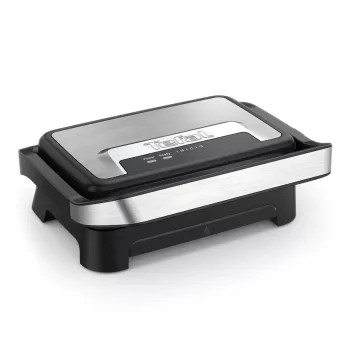 Kontaktinė kepsninė Tefal Inicio Compact GC270D10 — stačiakampė 1000 W, grotelių paviršius, juoda / nerūdijantis plienas