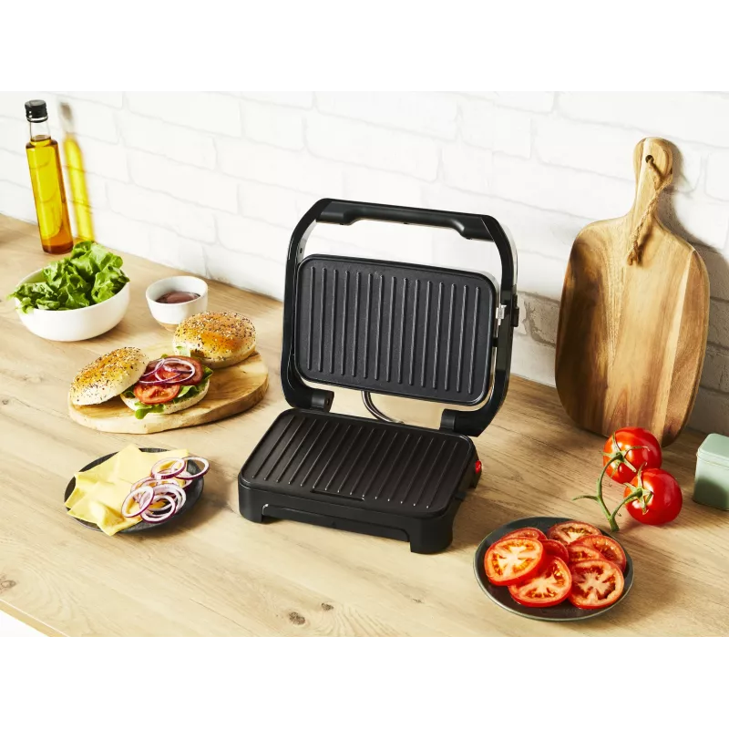 Kontaktinė kepsninė Tefal Inicio Compact GC270D10 — stačiakampė 1000 W, grotelių paviršius, juoda / nerūdijantis plienas