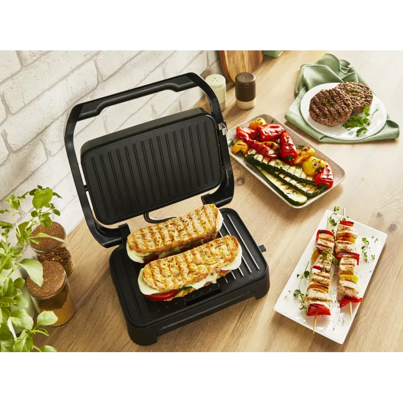 Kontaktinė kepsninė Tefal Inicio Compact GC270D10 — stačiakampė 1000 W, grotelių paviršius, juoda / nerūdijantis plienas