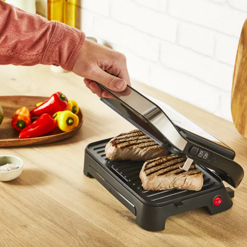 Kontaktinė kepsninė Tefal Inicio Compact GC270D10 — stačiakampė 1000 W, grotelių paviršius, juoda / nerūdijantis plienas