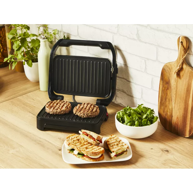 Kontaktinė kepsninė Tefal Inicio Compact GC270D10 — stačiakampė 1000 W, grotelių paviršius, juoda / nerūdijantis plienas