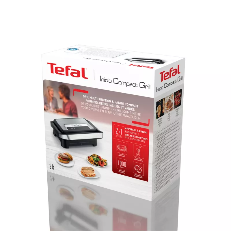 Kontaktinė kepsninė Tefal Inicio Compact GC270D10 — stačiakampė 1000 W, grotelių paviršius, juoda / nerūdijantis plienas