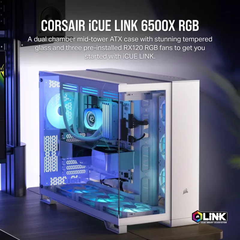 CORSAIR PC korpusas - Icue Link 6500x RGB vidutinio bokšto dviejų kamerų baltas
