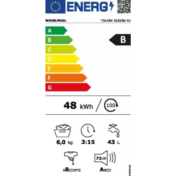 Viršutinio įkrovimo skalbimo mašina WHIRLPOOL TDLRBX 6252BS EU — 6 kg, 1200 aps./min., B energijos klasė, 900×400×600 mm, balta