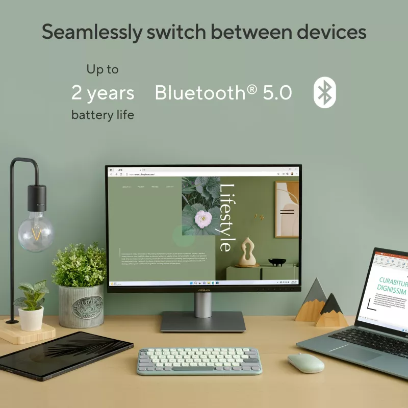 Belaidis Bluetooth klaviatūra ASUS Marshmallow KW100 — US International išdėstymas, kompaktiškas dizainas