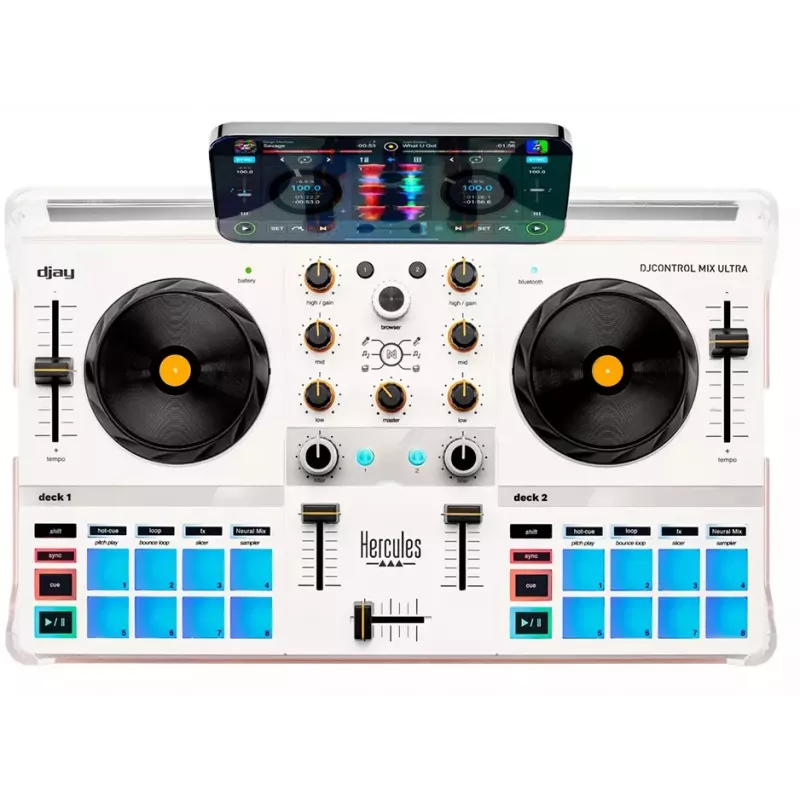 DJ valdiklis Hercules DJControl Mix Ultra – baltas, mobilus Bluetooth valdiklis