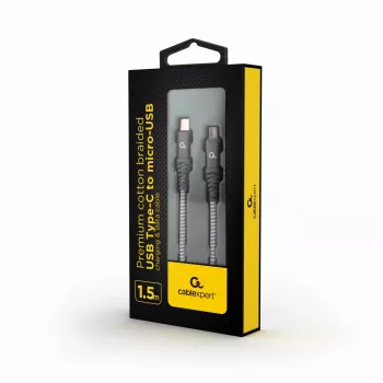 GEMBIRD Premium medvilninis pintas USB Type-C į micro-USB įkrovimo ir duomenų kabelis, 1,5 m - pilkas