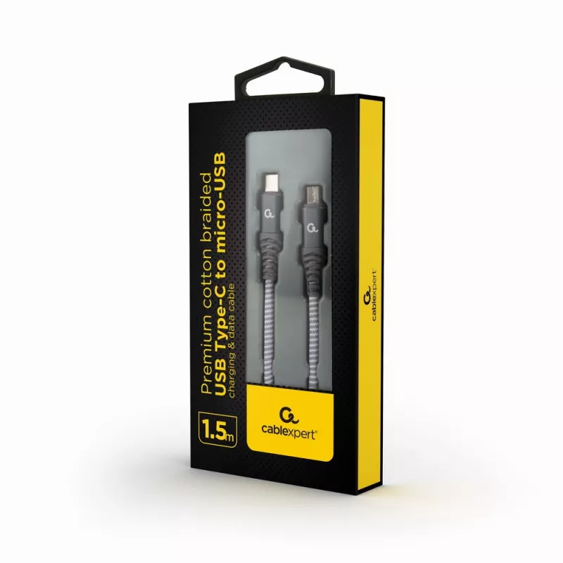 GEMBIRD Premium medvilninis pintas USB Type-C į micro-USB įkrovimo ir duomenų kabelis, 1,5 m - pilkas