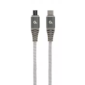 GEMBIRD Premium medvilninis pintas USB Type-C į micro-USB įkrovimo ir duomenų kabelis, 1,5 m - pilkas