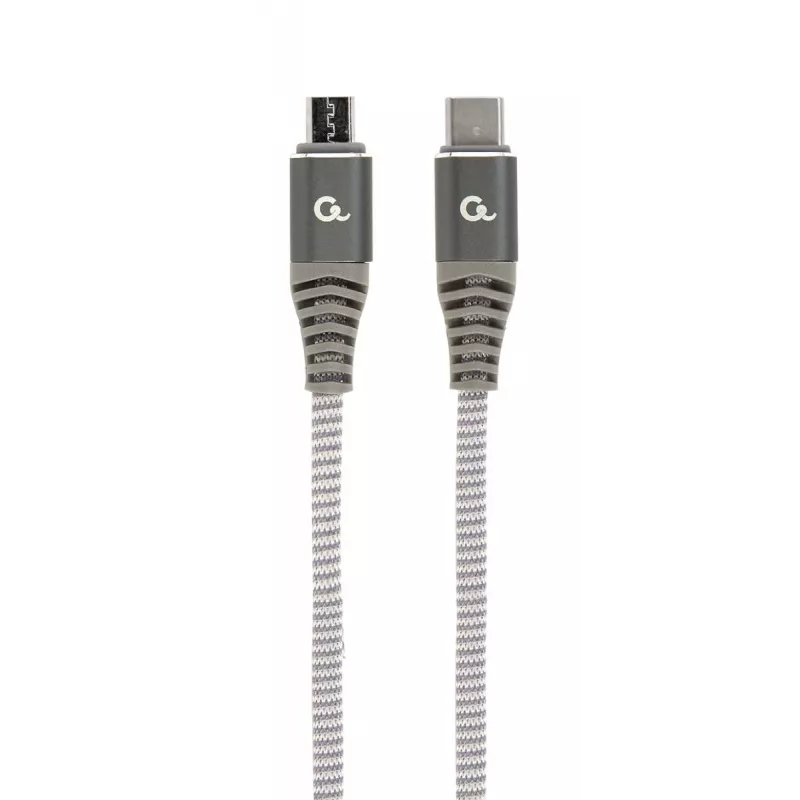 GEMBIRD Premium medvilninis pintas USB Type-C į micro-USB įkrovimo ir duomenų kabelis, 1,5 m - pilkas