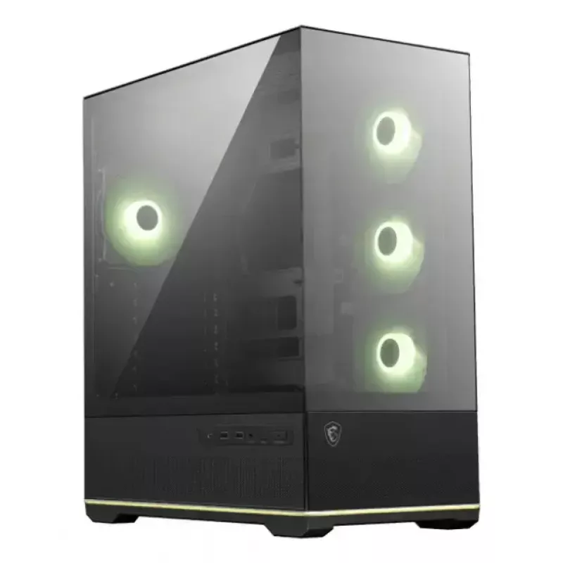 PC korpusas MSI MAG PANO 110R PZ Midi Tower — grūdintas stiklas, ATX, 3x120 mm priekiniai ventiliatoriai, USB-C, palaiko 360 mm radiatorius