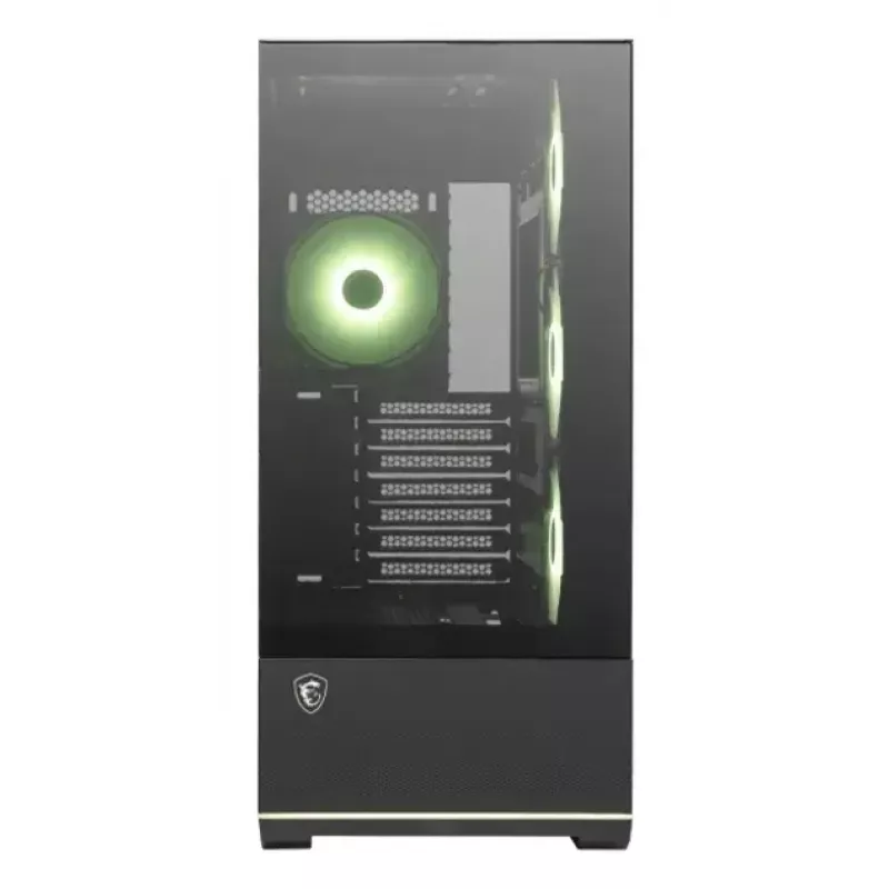 PC korpusas MSI MAG PANO 110R PZ Midi Tower — grūdintas stiklas, ATX, 3x120 mm priekiniai ventiliatoriai, USB-C, palaiko 360 mm radiatorius