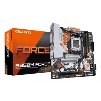 GIGABYTE B850M FORCE pagrindinė plokštė – AMD Ryzen 9000 serijos procesoriams, 8+2+2 fazių skaitmeninis VRM, iki 9600MHz DDR5 (OC), 1xPCIe 5.0 + 2xPCIe 4.0 M.2, 2.5 GbE LAN, USB 3.2 Gen 2