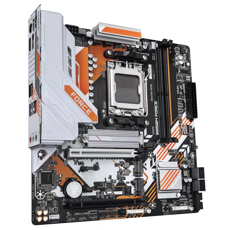 GIGABYTE B850M FORCE pagrindinė plokštė – AMD Ryzen 9000 serijos procesoriams, 8+2+2 fazių skaitmeninis VRM, iki 9600MHz DDR5 (OC), 1xPCIe 5.0 + 2xPCIe 4.0 M.2, 2.5 GbE LAN, USB 3.2 Gen 2