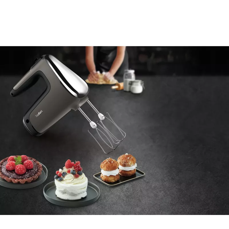 Rankinis plaktuvas Tefal Powermix Silence HT650E — 600 W, 1,2 kg, sidabrinis, 5 greičiai, turbo, indaplovėje plaunamos dalys