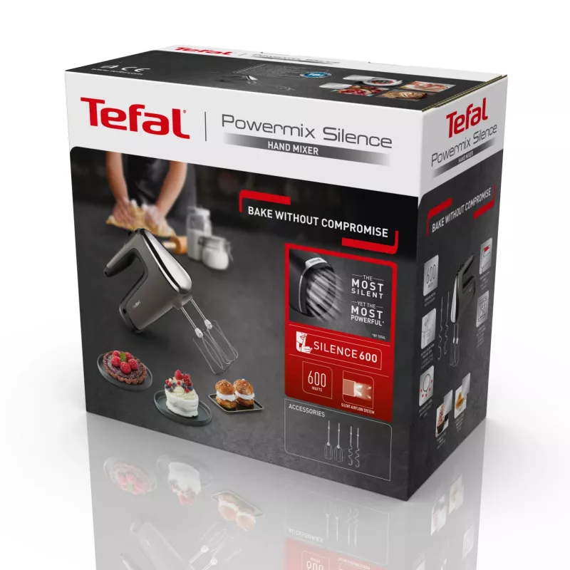 Rankinis plaktuvas Tefal Powermix Silence HT650E — 600 W, 1,2 kg, sidabrinis, 5 greičiai, turbo, indaplovėje plaunamos dalys
