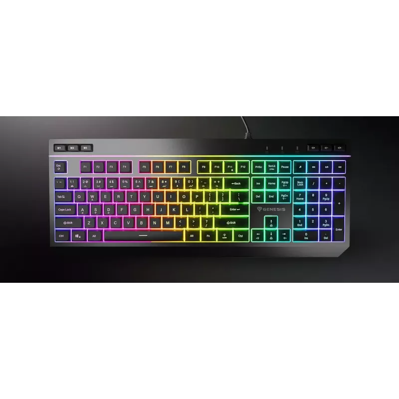 Laidinė pilno dydžio žaidimų klaviatūra Genesis Rhod 530, USB, QWERTY US, membraninė, RGB apšvietimas, 114 klavišų, 1,8 m laidas, juoda