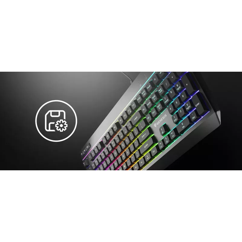 Laidinė pilno dydžio žaidimų klaviatūra Genesis Rhod 530, USB, QWERTY US, membraninė, RGB apšvietimas, 114 klavišų, 1,8 m laidas, juoda