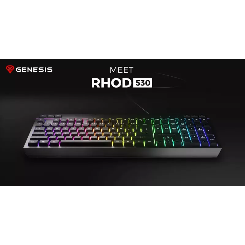 Laidinė pilno dydžio žaidimų klaviatūra Genesis Rhod 530, USB, QWERTY US, membraninė, RGB apšvietimas, 114 klavišų, 1,8 m laidas, juoda