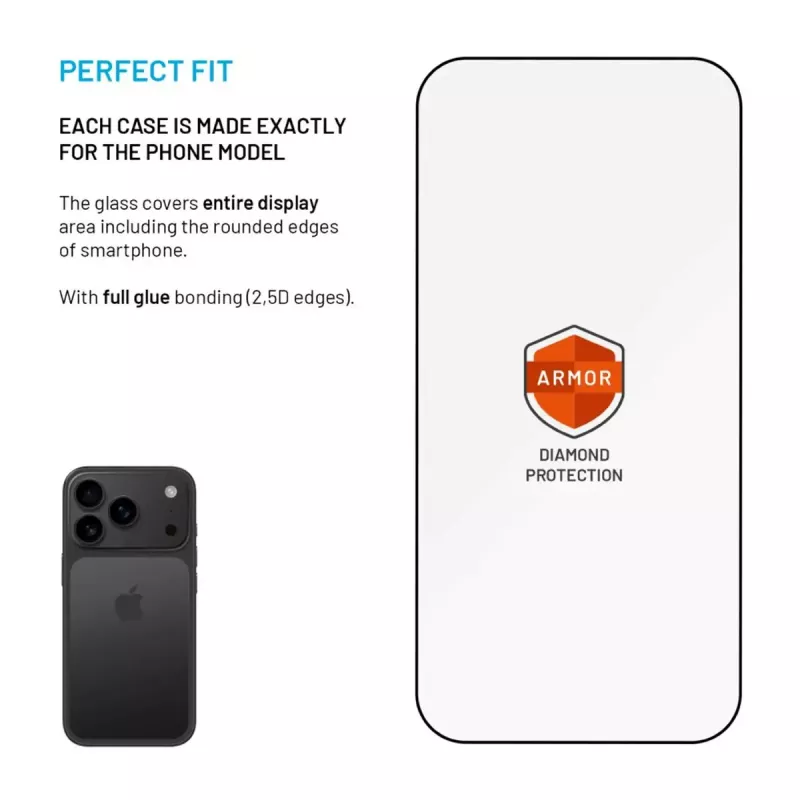 Ekrano apsauga FIXED, skirta Apple iPhone 17 Pro — grūdintas stiklas, juoda, Armor dizainas, nuo dulkių apsaugantis aplikatorius, AR sluoksnis