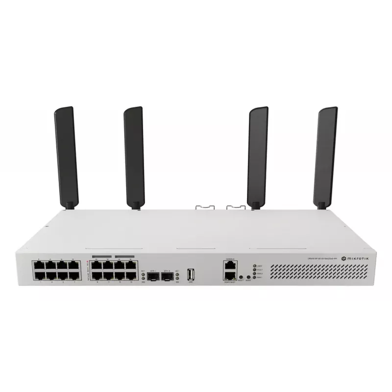 Tinklo komutatorius MikroTik CRS418-8P-8G-2S+5axQ2axQ-RM — L2/L3, 17× Gigabit RJ-45, 2× SFP+, PoE (802.3af/at), 1U stovo