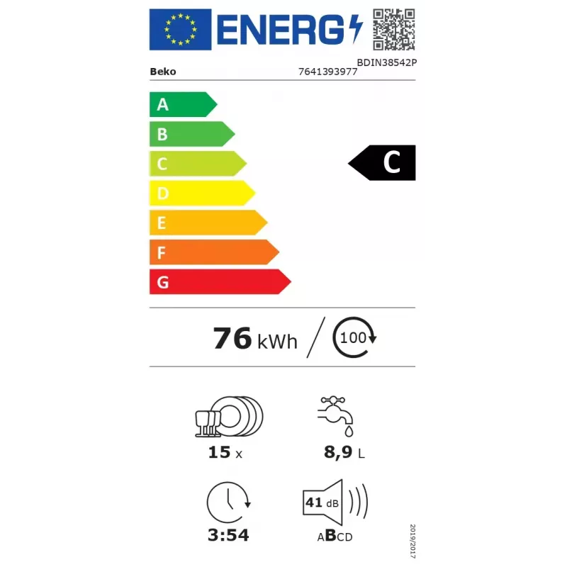 BEKO indaplovė | BDIN38542P | Įmontuojama | Plotis 60 cm | Komplektų skaičius 15 | Programų skaičius 8 | Energinio efektyvumo klasė C | Ekranas | AquaStop funkcija | Balta