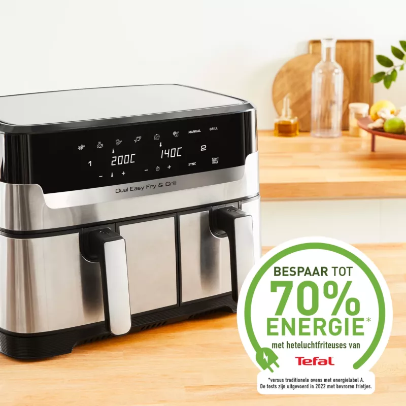 Tefal Dual Easy Fry & Grill EY905D dviguba 8,3 l atskirai stovinti 2700 W karšto oro gruzdintuvė, nerūdijantis plienas