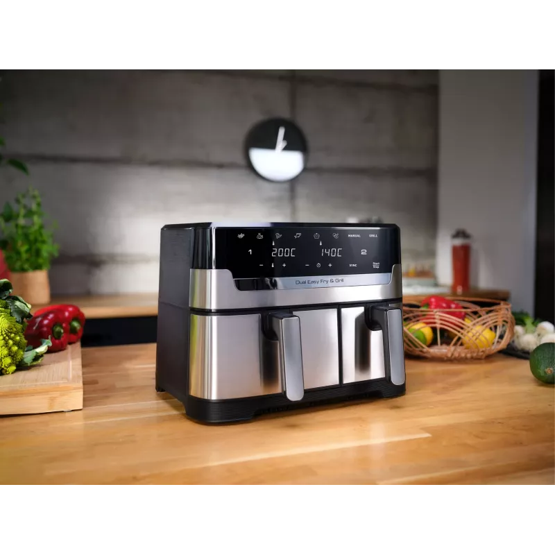 Tefal Dual Easy Fry & Grill EY905D dviguba 8,3 l atskirai stovinti 2700 W karšto oro gruzdintuvė, nerūdijantis plienas