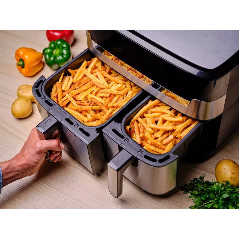Tefal Dual Easy Fry & Grill EY905D dviguba 8,3 l atskirai stovinti 2700 W karšto oro gruzdintuvė, nerūdijantis plienas
